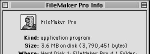 Installing FileMaker Pro in the Mac OS 3-9 3. Choose Get Info from the File menu. You see the FileMaker Pro Info window.