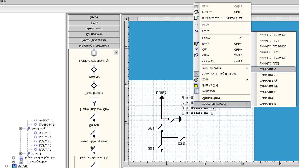1MRS756800 E Section 6 Local HMI engineering 6.2.3.1 Creating a complete HMI display page 1. Make a sketch how to present the single line diagram. 2.