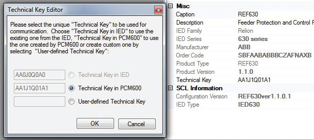 Section 4 Setting up a project 1MRS756800 E 1. Select the IED to enter the IP address. 2. Open the Object Properties window. 3. Place the cursor in the IP address row and enter the IP address. 4.7 Setting technical key The Technical Key Editor tool is used to synchronize technical keys in the PCM600 project and in an IED.