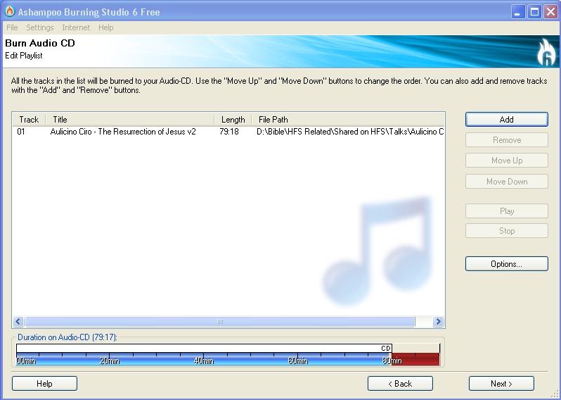 Next you add the audio files you want to burn onto a CD. The easiest way is to drag and drop the file into the main window.