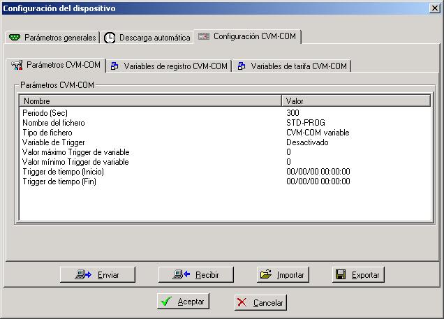 After configuring the communication and automatic download, the analyser s internal configuration should be modified. This can be done using the CVM-COM Configuration tab (third tab).