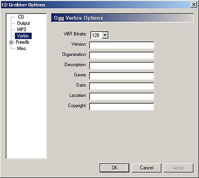 CD Grabber Vorbis Options Dialog Vorbis Options Dialog Ogg Vorbis is a new, open-source, lossy audio codec similar in quality and compression to MP3.