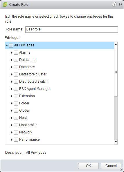 Figure 2. VMware Sphere Web Client Create Role dialog box For more detailed information about how to set the Sphere Web Client priilege types, refer to the VMware Sphere 5.