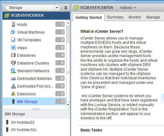 Viewing the IBM storage resource information After the IBM Storage Enhancements for VMware Sphere Client are properly installed, the IBM Storage category is shown under the standard Sphere Web Client
