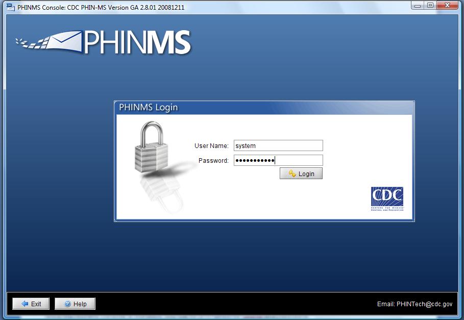 Once the PHINMS console is installed, you will be prompted for userid and password.