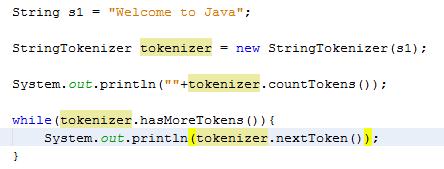 StringTokenizer Class declaration StringTokenizer tokenizer = new StringTokenizer(s1); Class Methods int counttokens() This method calculates the number of times that this tokenizer's nexttoken