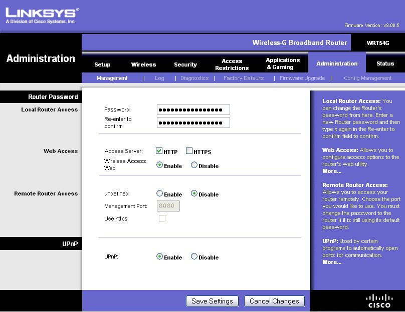The router s Basic Setup menu displays. Basic Setup 6. Click the Administration tab, and then select the Management menu. The Management menu displays. Administration 7.