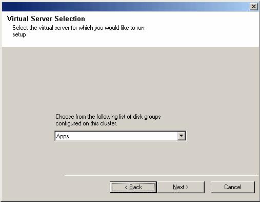Cluster Selection 7. Select Configure a Virtual Server. Click Next to continue. 8. Select the disk group in which the virtual server resides. Click Next to continue. Select Components for Installation 9.