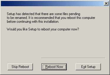 As these files are not critical for this installation, you may skip the reboot and continue the installation and reboot the computer at a later time.