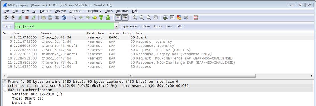 Sample Screenshots Identity The following screenshot of the Wireshark shows a sample of a successful authentication process using the