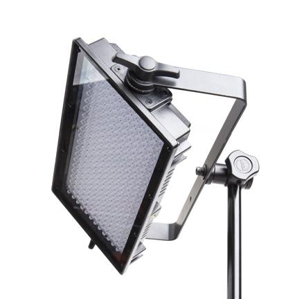 The yoke can be mounted horizontally or vertically on a light stand, allowing the user to position
