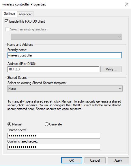 13. Add local Access Points / Wireless Infrastructure RADIUS Clients To receive incoming RADIUS requests from the wireless infrastructure, access points / controllers must be added to the NPS server