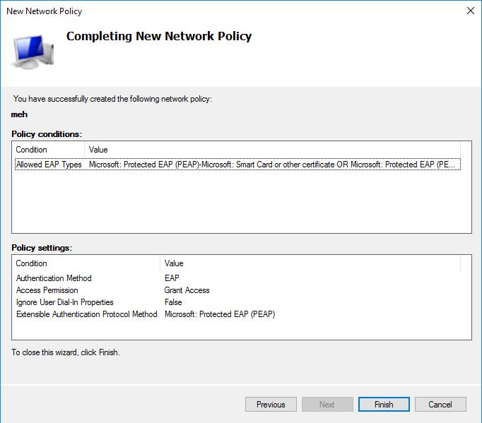 Then click Finish on the Completing New Network Policy page.
