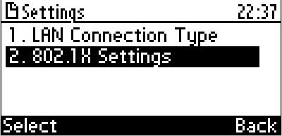 1X Settings, and then press the Select softkey; the following screen appears: 3. Using the and Navigation keys, choose one of the following IP addressing schemes: 30.1.2.