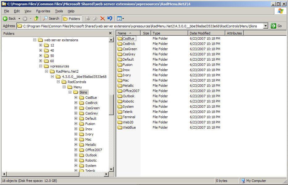 Figure 1 Telerik skin files after copying the RadMenu skin files into the directory structure 3. Next, tell SharePoint that the RadMenu is safe to execute.