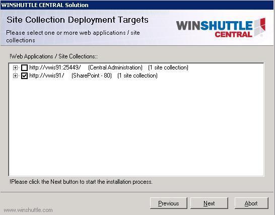 4: CENTRAL Site definition 6. The Site Collection Deployment Targets screen appears.