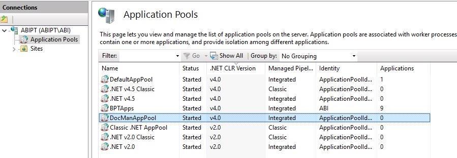 The DocManAppPool is now added to the list of available application pools Right
