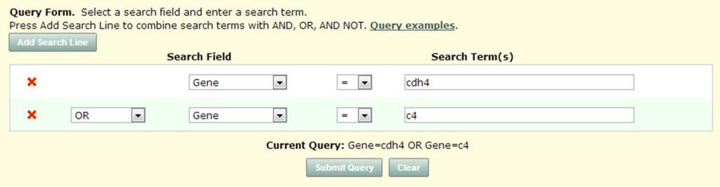 (Remove the UniProtKB data source if it is still selected by unchecking it in the data source tree) 2. Using two search lines, enter: Gene = cdh4 OR Gene = C4.