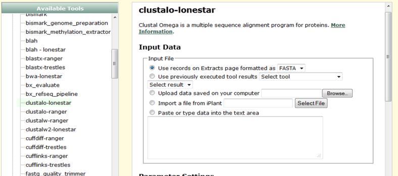 3. In the Tools tab, select the clustalo-lonestar iplant tool.