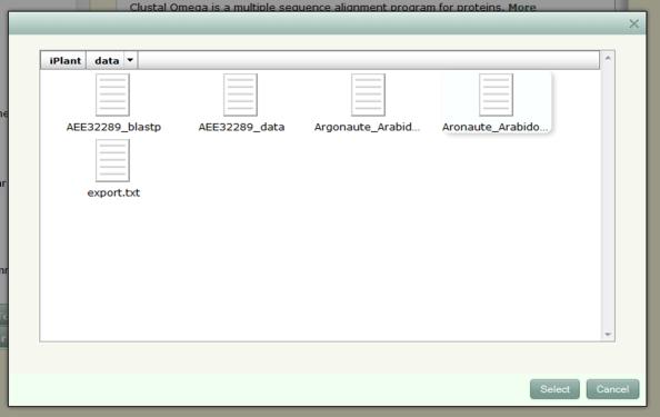 7. Next, select the Import a file from iplant radio button and click