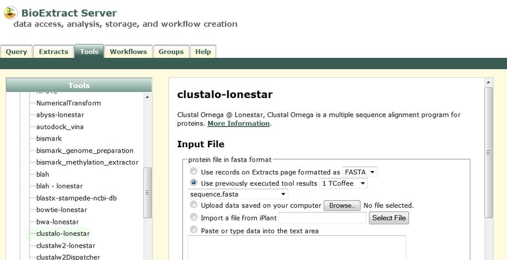 Select the clustalo-lonestar tool under the iplant node in the Tools tree on