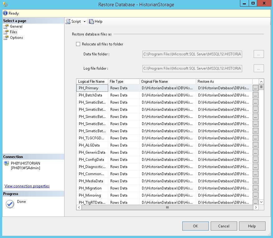 18. Choose the tab "Files". Here it is shown where the original database files will be restored to.
