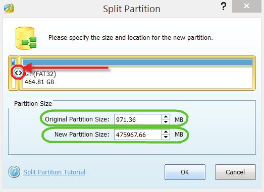 Once Split Partition window opens use the cursor to adjust the size.