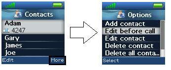 When pressing Edit it is possible to edit the name, work, or ringtone for the highlighted contact.