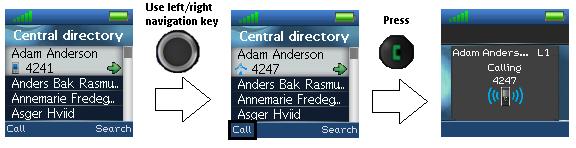 To scroll through the search results use the navigation keys up and down. If a green arrow is seen to the right of a contact (as seen above), this contact has more than one number assigned.