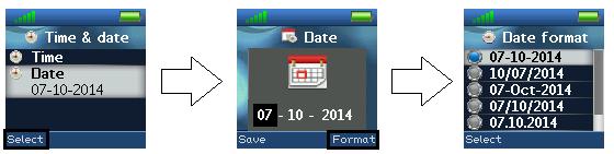 The time format can also be changed by pressing the right softkey Format. In Time format the preferred time format (24 or 12 hours) can be selected.