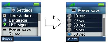 In the images above it is illustrated how the power save can be set between 5 seconds and 60 seconds. An interval is chosen by pressing the left softkey Select when the desired item is highlighted. 6.5.5 Security In the Security menu it is possible to set an automatic keylock and change the PIN of the handset.