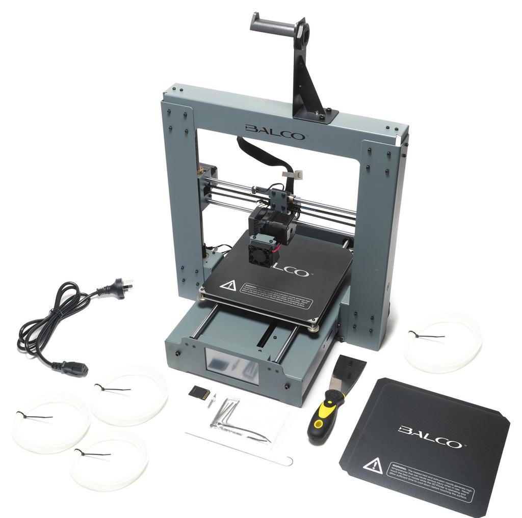 PARTS LIST 1 x Balco 3D Printer Touch (Extruder Tower, Heated Print Bed) 1 x Filament Spool Holder 1 x Filament Spool Stand 1 x Power Cable 1 x SD Card Class 10 1 x Scraper 1 x Replacement PTFE Tube