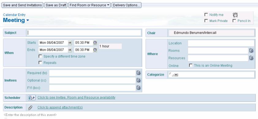 When an end-user chooses Schedule a Meeting, the template will ask them if the meeting is an InterCall meeting and then they will see a section for the InterCall Audio Conference Information.