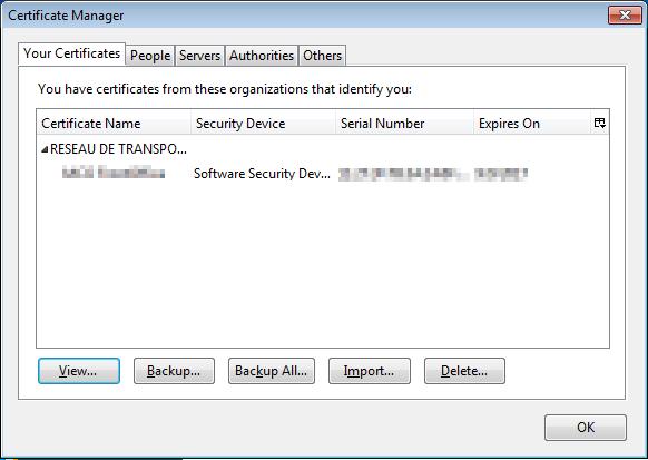 Page : 102/238 Select the tab Your Certificates. The certificate is a software certificate: indeed, the "Software Security Dev " indication appears at the right of its name.