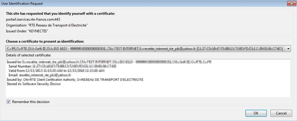 Page : 104/238 Example of access to an RTE web application When you access the https://portail.iservices.rte-france.com homepage, you will be asked to choose your certificate.