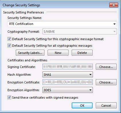 Page : 128/238 Click the two Choose buttons in order to select your personal certificate for signing and encryption.