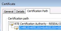 The certificate RTE Root Certification Authority of RTE Root CA and the certificate RTE Client Certification Authority of RTE Client CA are present.