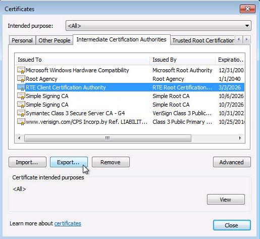 Explorer In Internet Explorer certificate store, select the RTE Client CA s