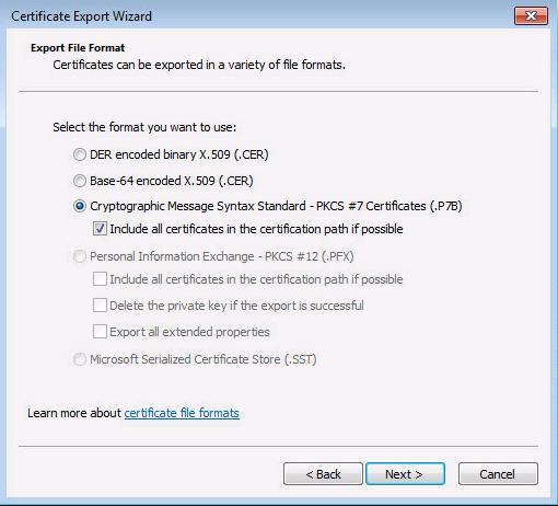 Page : 193/238 The Certificate Export wizard opens, click on Next : Choose Cryptographic Message Syntax Standart PKCS