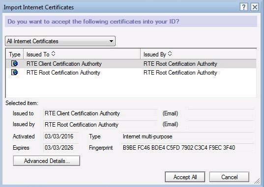 Page : 202/238 Click Accept All. Click OK, the certificates have successfully been imported. 11.