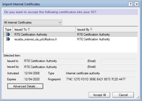 Digital hash of the certificate RTE Certification Authority SHA1 39:83:D6:10:A2:C4:D5:60:45:A0:C1:D0:E3:FA:E1:42:45:8A:37:12 If this