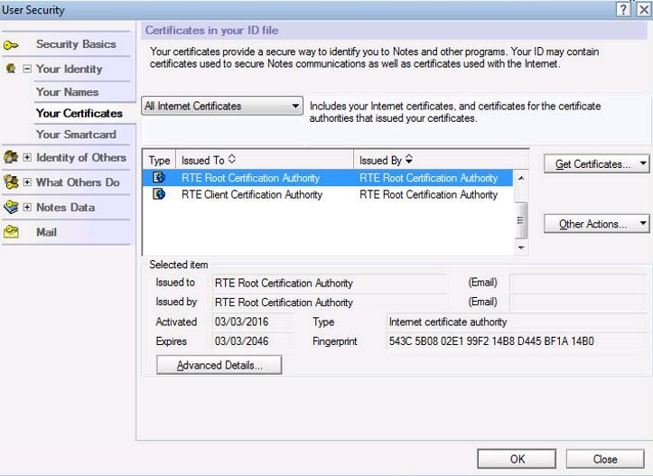 Page : 222/238 To see the content of the RTE Root CA s certificate, you must select it.