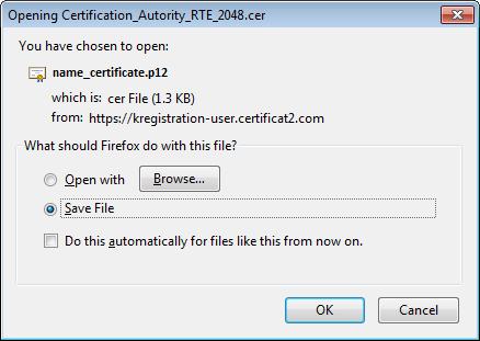 Page : 97/238 In the window that appears, click Save then OK. Choose a directory to save your certificate, then click "Save". IMPORTANT NOTE Once downloaded, the PKCS#12 file (extension ".