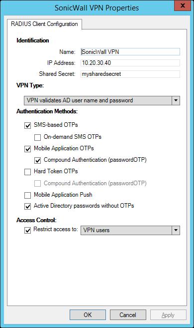2. Prerequisites Configuring the VPN device for 2FA requires: A functional ESA RADIUS server that has your SonicWall SSL VPN device configured as a client, as shown in Figure 1.