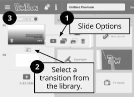 This can help you make a smooth transition from slide to slide. 2. Transitions: Transitions between slides can be added by accessing the Transition Options from the Library Panel.