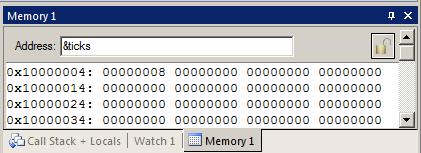It is possible to enter variables or physical addresses into these windows while the program is running. Watch window: 1. We will display in real time the static variable ticks in the Watch window. 2.