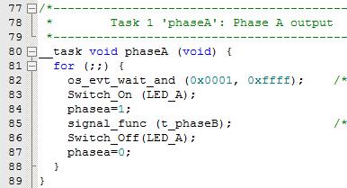 c as shown below: phasea=1; and phasea=0; :the first two lines are shown added at lines 84 and 87 (just after the Switch_On and Switch_Off function calls).