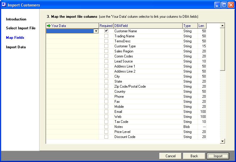 Data Import Instructions 9 On this screen you will map each DBA field, where applicable, to the corresponding column on your spreadsheet.