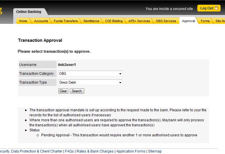 Once inside the Transaction Approval page, select OBG as Transaction Category in the dropdown list. You have three (3) options under the Transaction Type: a.