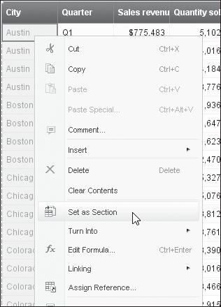 Right-click on the object and select Set as Section. This will split the rows into groups based on the values of the dimension defined as the section. 3 Figure 3.